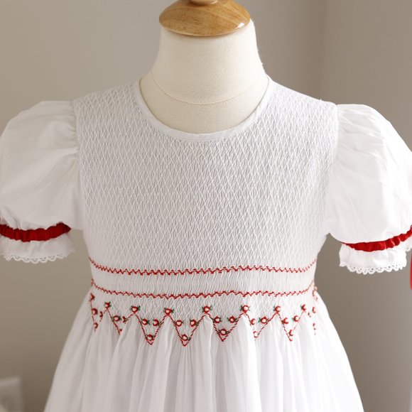 Strasburg Smocked Dress White with Red Trim Special Occassion Portrait - Picture 2 of 7